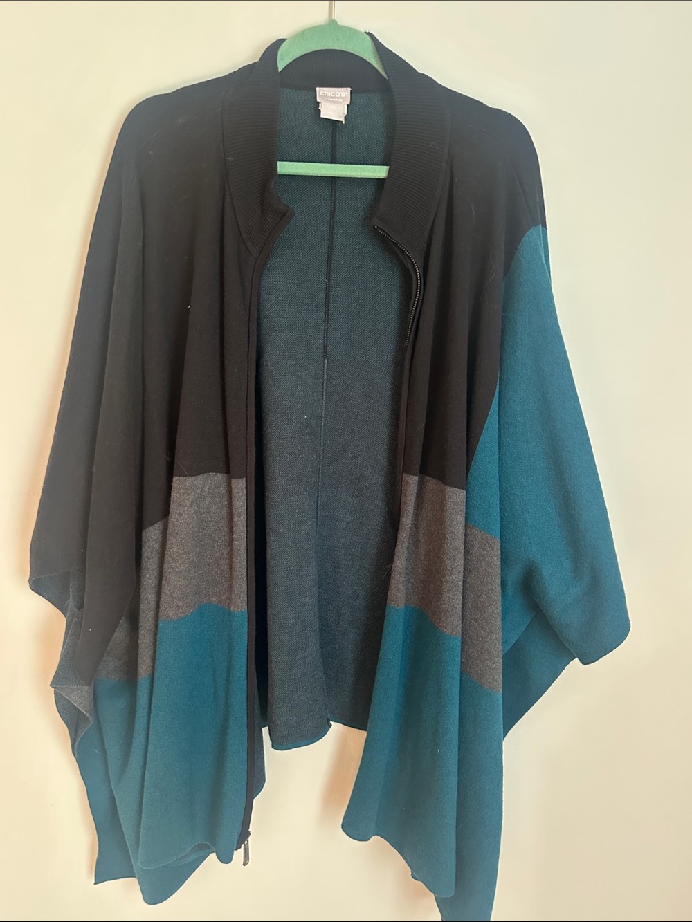 Chico's Teal and Black Knit Open-Front Poncho